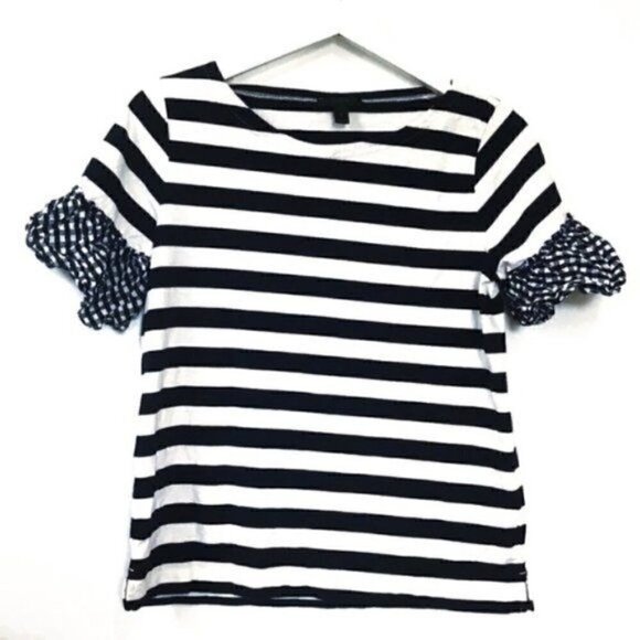 J. Crew gingham ruffle sleeve striped top, Size S - Picture 1 of 6
